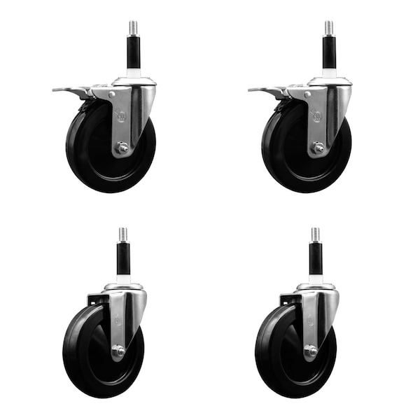 5'' Hard Rubber Swivel 7/8'' Expand Stem Caster Set 2 Total Lock Brakes, 4PK
